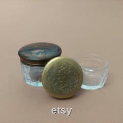 2 Vintage A.E. and Co glass powder jars with ornate brass lids Glass powder boxes lidded Set of 2 Antique trinket boxes