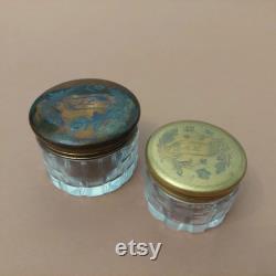 2 Vintage A.E. and Co glass powder jars with ornate brass lids Glass powder boxes lidded Set of 2 Antique trinket boxes