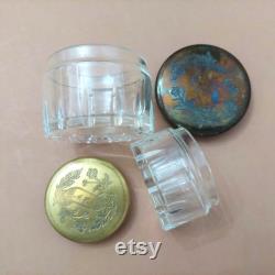 2 Vintage A.E. and Co glass powder jars with ornate brass lids Glass powder boxes lidded Set of 2 Antique trinket boxes