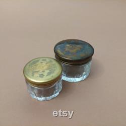 2 Vintage A.E. and Co glass powder jars with ornate brass lids Glass powder boxes lidded Set of 2 Antique trinket boxes