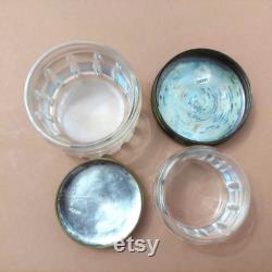 2 Vintage A.E. and Co glass powder jars with ornate brass lids Glass powder boxes lidded Set of 2 Antique trinket boxes