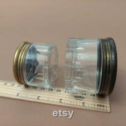 2 Vintage A.E. and Co glass powder jars with ornate brass lids Glass powder boxes lidded Set of 2 Antique trinket boxes