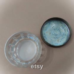 2 Vintage A.E. and Co glass powder jars with ornate brass lids Glass powder boxes lidded Set of 2 Antique trinket boxes