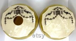 2 Vintage Art Deco amber glass vanity powder compact and Hair receiver with celluloid lids Womens Vanity Jars