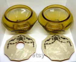 2 Vintage Art Deco amber glass vanity powder compact and Hair receiver with celluloid lids Womens Vanity Jars