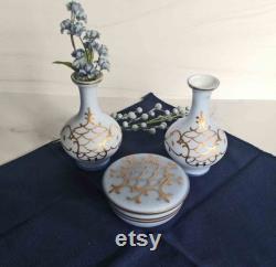 3 Pc Vanity Set, Pale Blue Gold lidded powder Jar 2 vanity bottles vases, MINT Condition, West Germany IRice Import