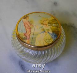 40's Glass with Brass Lid Love Scene Powder Box Vanity Storage