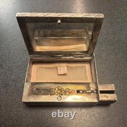 800 Silver Compact Rococo Style Etched Powder Trinket Box Push In Liptube WithPuff