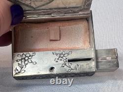 800 Silver Compact Rococo Style Etched Powder Trinket Box Push In Liptube WithPuff