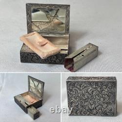 800 Silver Compact Rococo Style Etched Powder Trinket Box Push In Liptube WithPuff
