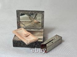800 Silver Compact Rococo Style Etched Powder Trinket Box Push In Liptube WithPuff