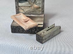 800 Silver Compact Rococo Style Etched Powder Trinket Box Push In Liptube WithPuff
