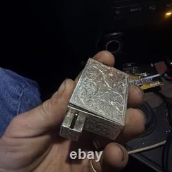 800 Silver Compact Rococo Style Etched Powder Trinket Box Push In Liptube WithPuff