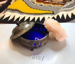 95.00 METAL POWDER BOX, Silver FruiT and GraPe Leaves, bLue CobALt GLaSS Liner, ViNTAGE PinK PoWder Puff, MaDE in JaPaN, VaNiTy JEWeLRY BoX