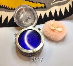 95.00 METAL POWDER BOX, Silver FruiT and GraPe Leaves, bLue CobALt GLaSS Liner, ViNTAGE PinK PoWder Puff, MaDE in JaPaN, VaNiTy JEWeLRY BoX