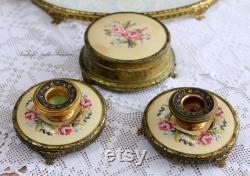 A Lovely Vintage Petit Point and Ormolu Brass, Jewelry Trinket Box and Two Candle Stick Holders, Embroidery Vanity Dresser Set