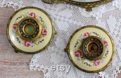 A Lovely Vintage Petit Point and Ormolu Brass, Jewelry Trinket Box and Two Candle Stick Holders, Embroidery Vanity Dresser Set