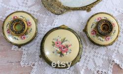 A Lovely Vintage Petit Point and Ormolu Brass, Jewelry Trinket Box and Two Candle Stick Holders, Embroidery Vanity Dresser Set