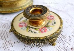 A Lovely Vintage Petit Point and Ormolu Brass, Jewelry Trinket Box and Two Candle Stick Holders, Embroidery Vanity Dresser Set