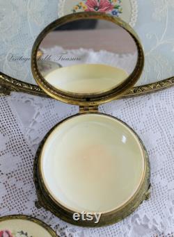 A Lovely Vintage Petit Point and Ormolu Brass, Jewelry Trinket Box and Two Candle Stick Holders, Embroidery Vanity Dresser Set