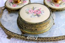 A Lovely Vintage Petit Point and Ormolu Brass, Jewelry Trinket Box and Two Candle Stick Holders, Embroidery Vanity Dresser Set