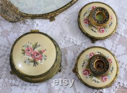 A Lovely Vintage Petit Point and Ormolu Brass, Jewelry Trinket Box and Two Candle Stick Holders, Embroidery Vanity Dresser Set