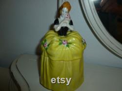 A Wonderful Vintage Fancy Lady Powder Box Powder Jar Made In Japan Lovely Bright Yellow And Black Dress Pink Rose Accents