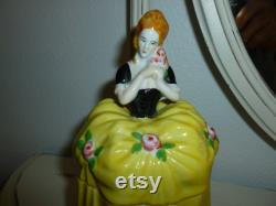 A Wonderful Vintage Fancy Lady Powder Box Powder Jar Made In Japan Lovely Bright Yellow And Black Dress Pink Rose Accents