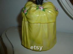A Wonderful Vintage Fancy Lady Powder Box Powder Jar Made In Japan Lovely Bright Yellow And Black Dress Pink Rose Accents