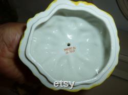 A Wonderful Vintage Fancy Lady Powder Box Powder Jar Made In Japan Lovely Bright Yellow And Black Dress Pink Rose Accents