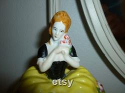 A Wonderful Vintage Fancy Lady Powder Box Powder Jar Made In Japan Lovely Bright Yellow And Black Dress Pink Rose Accents