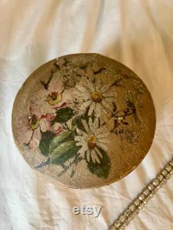 A papier mache powder box and puff, flowers, floral, pink, swan down powder puff.