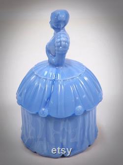 Akro Agate Blue Delphite Slag Glass Colonial Lady Powder Jar Trinket Puff Box