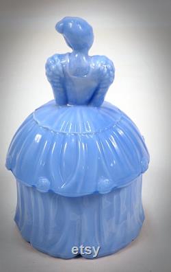 Akro Agate Blue Delphite Slag Glass Colonial Lady Powder Jar Trinket Puff Box