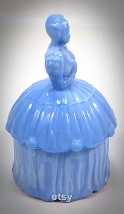 Akro Agate Blue Delphite Slag Glass Colonial Lady Powder Jar Trinket Puff Box