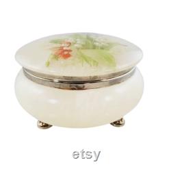Alabaster Yellow Powder Jar or Dresser Box Hand Painted Red Carnations Bras Claw Foot FREE SHIPPING Everything Vintage