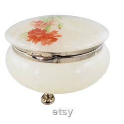 Alabaster Yellow Powder Jar or Dresser Box Hand Painted Red Carnations Bras Claw Foot FREE SHIPPING Everything Vintage