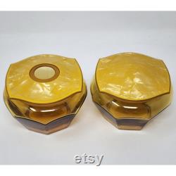 Amber Glass Powder Box and Hair Receiver Acwalite Celluloid Pyralin Lid VTG