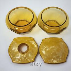 Amber Glass Powder Box and Hair Receiver Acwalite Celluloid Pyralin Lid VTG