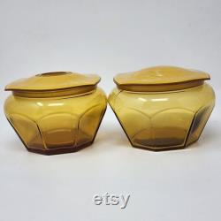 Amber Glass Powder Box and Hair Receiver Acwalite Celluloid Pyralin Lid VTG
