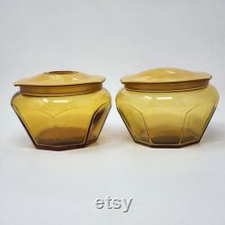Amber Glass Powder Box and Hair Receiver Acwalite Celluloid Pyralin Lid VTG