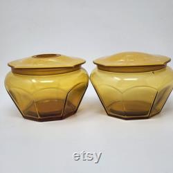 Amber Glass Powder Box and Hair Receiver Acwalite Celluloid Pyralin Lid VTG