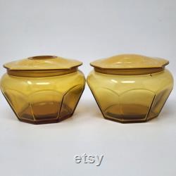 Amber Glass Powder Box and Hair Receiver Acwalite Celluloid Pyralin Lid VTG