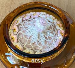 Amber Glass Powder Jar with Celluloid Lid and Crochet Puff