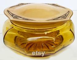 Amber Glass Vanity Powder Dresser Jar Trinket Box Celluloid or Bakelite Lid