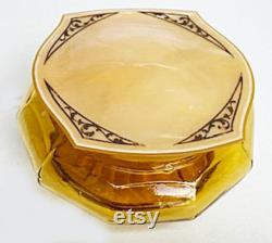 Amber Glass Vanity Powder Dresser Jar Trinket Box Celluloid or Bakelite Lid