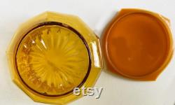 Amber Glass Vanity Powder Dresser Jar Trinket Box Celluloid or Bakelite Lid