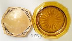 Amber Glass Vanity Powder Dresser Jar Trinket Box Celluloid or Bakelite Lid