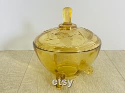 Amber glass trinket or powder pot poppy, cornflower and wheat design