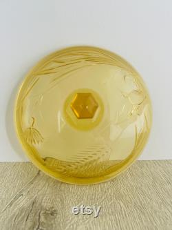 Amber glass trinket or powder pot poppy, cornflower and wheat design